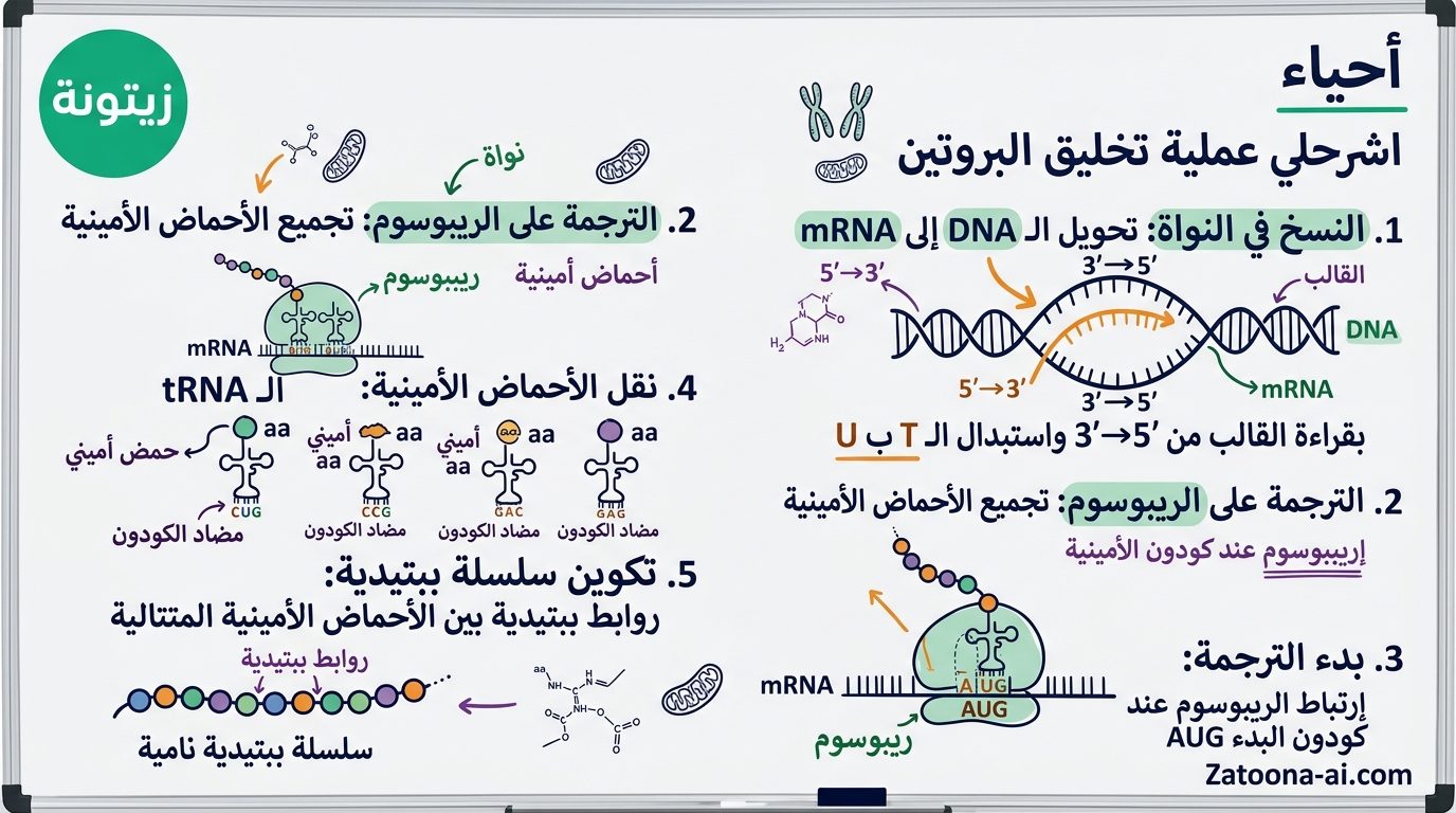 AI-generated visual study board for Egyptian Thanaweya Amma: اشرحلي عملية تخليق البروتين